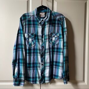 OP Blouse Top Blue & Green Plaid Button Down